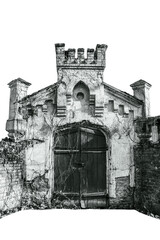 Old facade of the castle isolated PNG photo. Architectural detail of damaged building.
