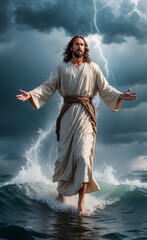 Jesus walking on the surface of water in a storm 