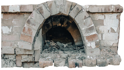 Old ruined brick home stove isolated PNG photo with transparent background.