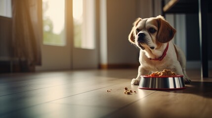 A dog eats dog food from his bowl in a bright kitchen. Feeding a purebred pet with dry food. Pet care and care, healthy food. - obrazy, fototapety, plakaty
