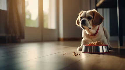Poster A dog eats dog food from his bowl in a bright kitchen. Feeding a purebred pet with dry food. Pet care and care, healthy food. © Cherkasova Alie