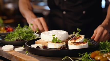Obraz na płótnie Canvas Chef prepares to serve roasted goat cheese Copy space