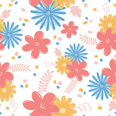 Fototapeta na wymiar Seamless pattern with hand drawn cute colorful flowers on a white background. Doodle, simple illustration. It can be used for decoration of textile, paper and other surfaces.