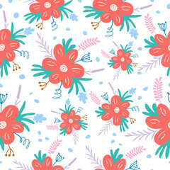 Fototapeta na wymiar Seamless pattern with hand drawn cute colorful flowers on a white background. Doodle, simple illustration. It can be used for decoration of textile, paper and other surfaces.