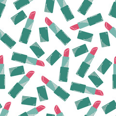 Seamless pattern with hand drawn lipstick, decorative cosmetics on a white background. Doodle, simple illustration. It can be used for decoration of textile, paper and other surfaces.