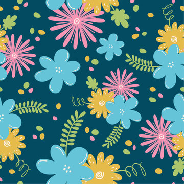 Seamless pattern with hand drawn cute colorful flowers on a  dark background. Doodle, simple illustration. It can be used for decoration of textile, paper and other surfaces.