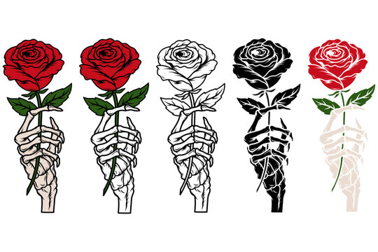 Skeleton Hand with Rose Bundle, Collection of finger bones holding wildflower, Line art, Hands Death T-shirt, Skeleton Holding Rose, Skeleton Rose Clipart, Skeleton Hand vector