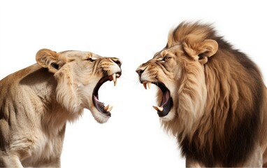 Fototapeta premium Lion and Lioness roaring at each other isolated on a white background, Close-up
