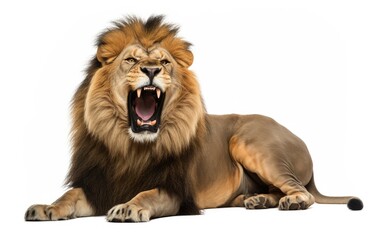 Obraz premium Lion sleep roaring, looking at the camera on isolated a white background.