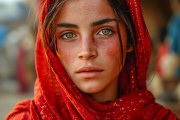 Close up portrait of a 30 years old Afghan woman looking to camera with sad eyes