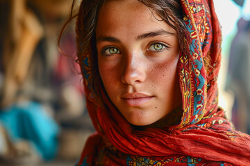 Close up portrait of a 30 years old Afghan woman looking to camera with sad eyes - obrazy, fototapety, plakaty