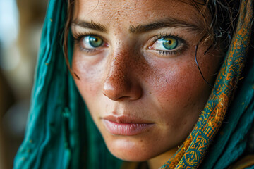 Close up portrait of a 30 years old Afghan woman looking to camera with sad eyes