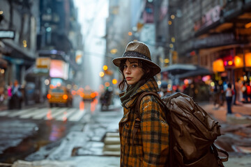 A photo of an girl on 5th avenue New York on a December's winter day, with fancy winter clothes