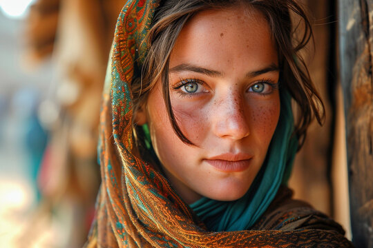 Close up portrait of a 30 years old Afghan woman looking to camera with sad eyes