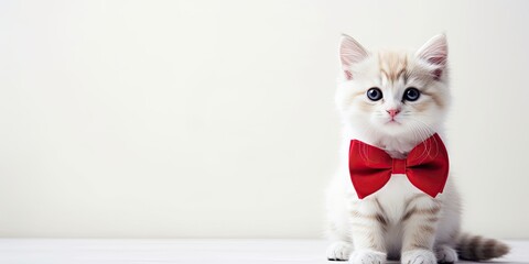 A cute domestic kitten, wearing a festive bow, in a playful pose.