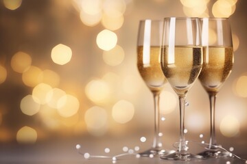 A festive scene with champagne glasses, bubbles, and golden lights, creating a sparkling celebration.