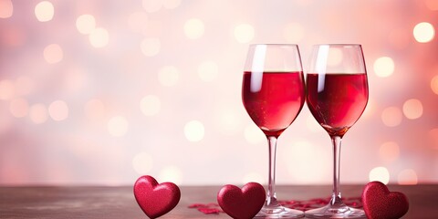 Valentine's Day celebration with red wine, romantic ambiance, and heart-themed decor.