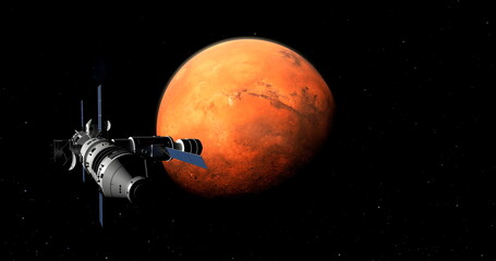 Spaceship arriving at planet Mars, space mission to the red plan