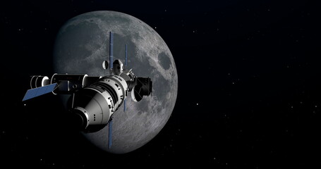 Spaceship arriving at Moon, space mission to the Earth satellite