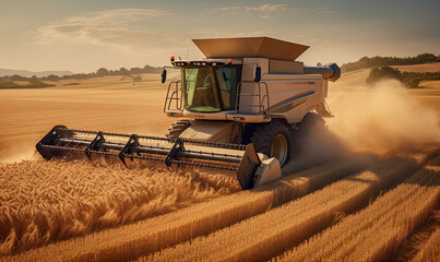 Combine harvester harvesting the wheat on the amazing wheat field