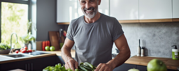 Healthy looking man in the kitchen is preparing healthy food from fresh vegetables. Healthy lifestyle concept - obrazy, fototapety, plakaty