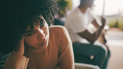 Black couple, young and living room sofa with fight, argument, dating and sad together. Home, toxic and conflict for boyfriend, girlfriend and frustrated for romantic relationship, man and woman