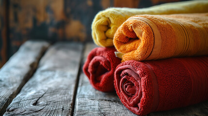 Rolled colorful towels on rustic wood.
