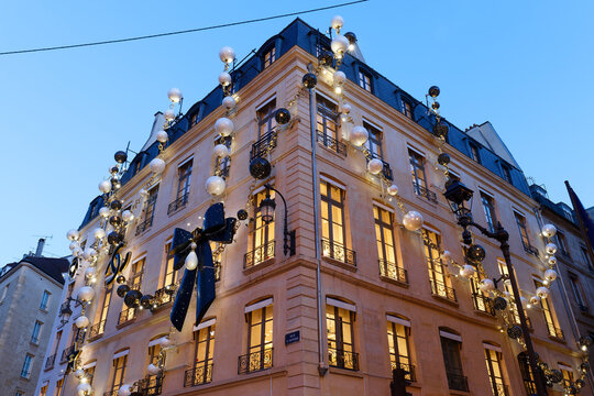 View of facade of Chanel Paris shop with christmas decoration
