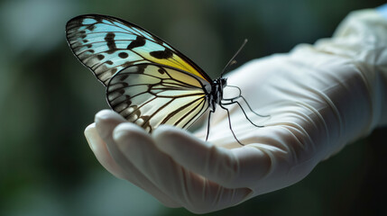 Butterfly resting on a gloved hand.
