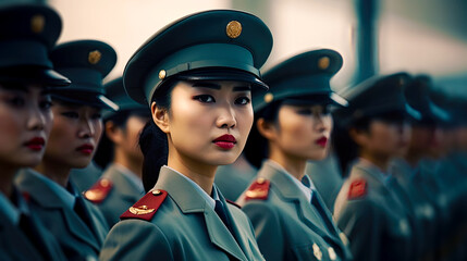 Prepared asian women for military service. Postproducted generative AI illustration. - obrazy, fototapety, plakaty