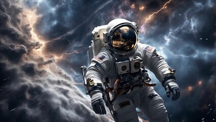 Stormy Spacewalk: A dramatic scene of an astronaut outside the spacecraft during a turbulent spacewalk. A stormy atmosphere with lightning bolts and swirling clouds. generative ai