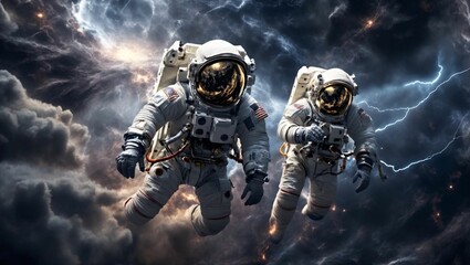 Stormy Spacewalk: A dramatic scene of an astronaut outside the spacecraft during a turbulent spacewalk. A stormy atmosphere with lightning bolts and swirling clouds. generative ai