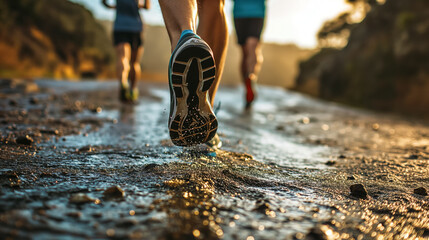 Runners' feet on a wet trail.