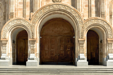 Entrance wooden doors to the church . Georgia in the city of Tbilisi.