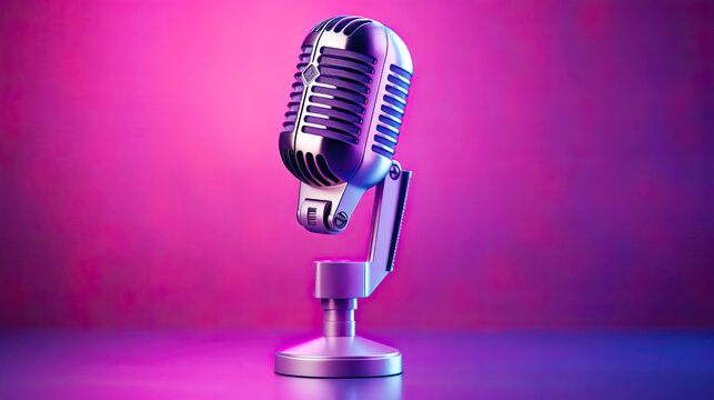 Glossy metallic microphone isolated on pink background. Postproducted generative AI illustration.