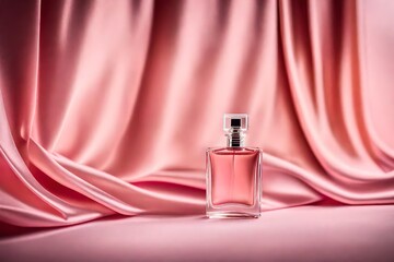 Naklejka premium elegant perfume bottle template, pink satin and sliky cloth background
