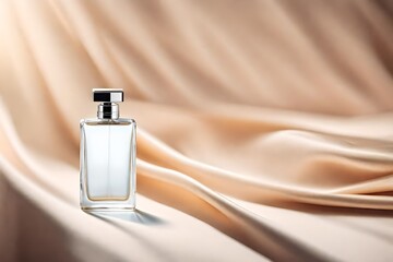 minimalist  white perfume flacon template , golden tones  , light fabric