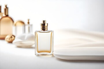 minimalist  white perfume flacon template , golden tones 