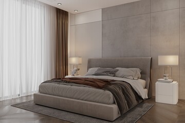 Fototapeta na wymiar elegant and modern bedroom design, big bed with overcoat cabinet, coffee table, TV, carpet, etc.