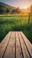 Obraz premium Flowers in the mountains, Empty wood table top on blur abstract green from the garden. For the montage product display, a wooden table with a garden