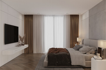 Sunlight comes into the Modern bedroom. 3D rendering