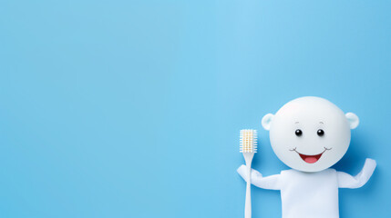Cute baby lies with a toothbrush on a blue background