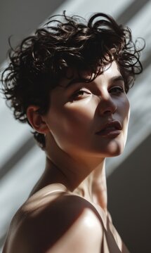 Close-up profile portrait of a young Caucasian woman with short brown hair. Attractive female model with trendy hairstyle and perfect makeup. Beautiful light from the window.