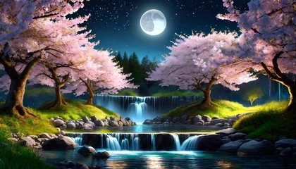  beautiful sakura flowers at night with waterfalls ai generated  © Karina