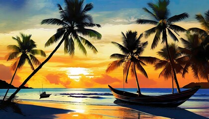 Obraz premium beautiful sunset in beach with the sun shining and silhouette boat, ai generated 