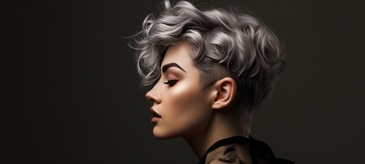 Close-up profile portrait of a young Caucasian woman with short hair dyed grey. Attractive female model with trendy hairstyle and perfect makeup. Isolated on black background.