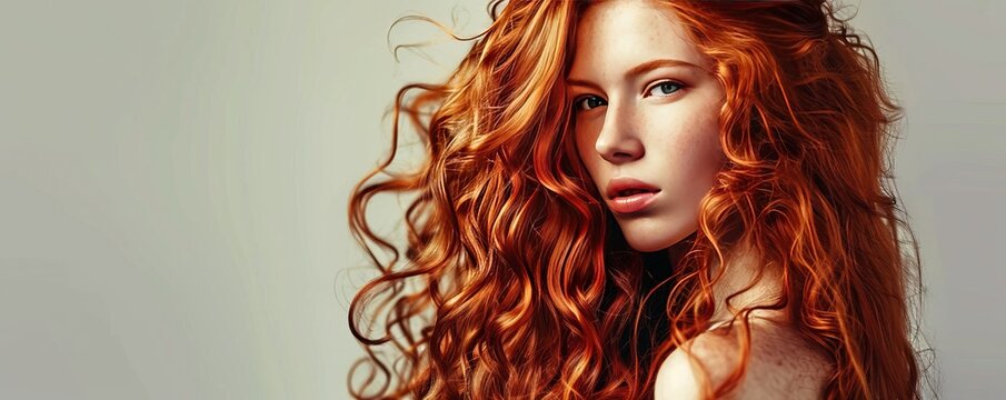Close-up fashion portrait of a young beautiful Caucasian woman with long ginger wavy hair. Attractive female model with charming freckles, perfect makeup and lush flowing hair. Grey background.