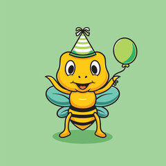 Cute bee with party balloons cartoon illustration