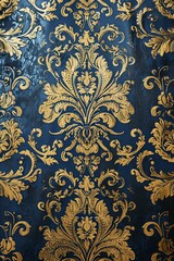 shabby chic background with a textured damask pattern in dark blue and metallic gold, elegant, wallpaper