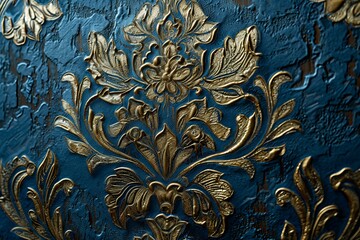 shabby chic background with a textured damask pattern in dark blue and metallic gold, elegant, wallpaper